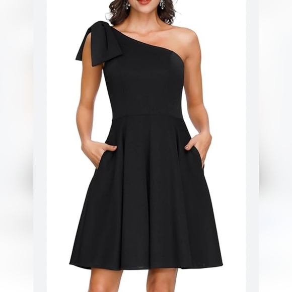 JASAMBAC Black Bow One Shoulder Cocktail Short Dress size M NWT - Picture 1 of 14